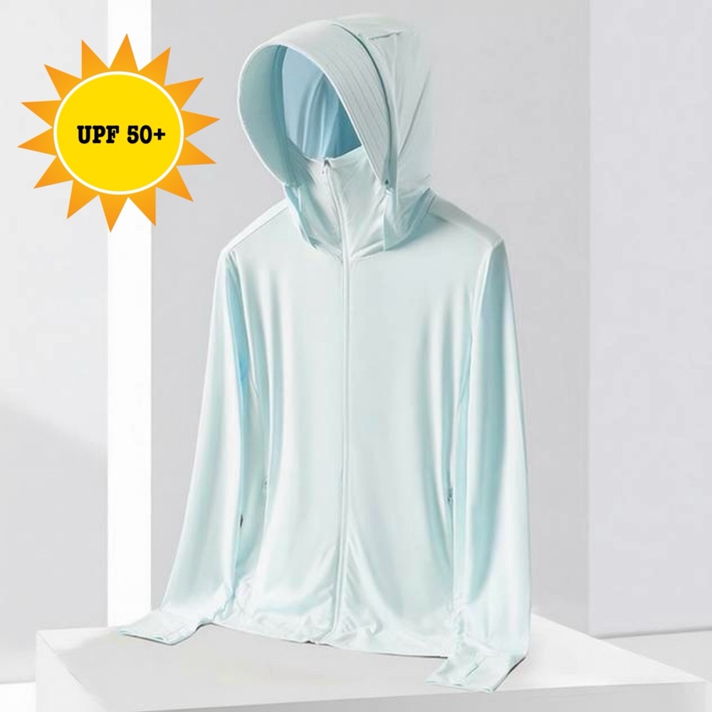 UPF 50+ UV Sun Protection Ice Blue Zipup Thumbhole Long Sleeve Hooded Jacket